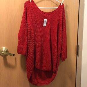 Red v neck cable tunic sweater